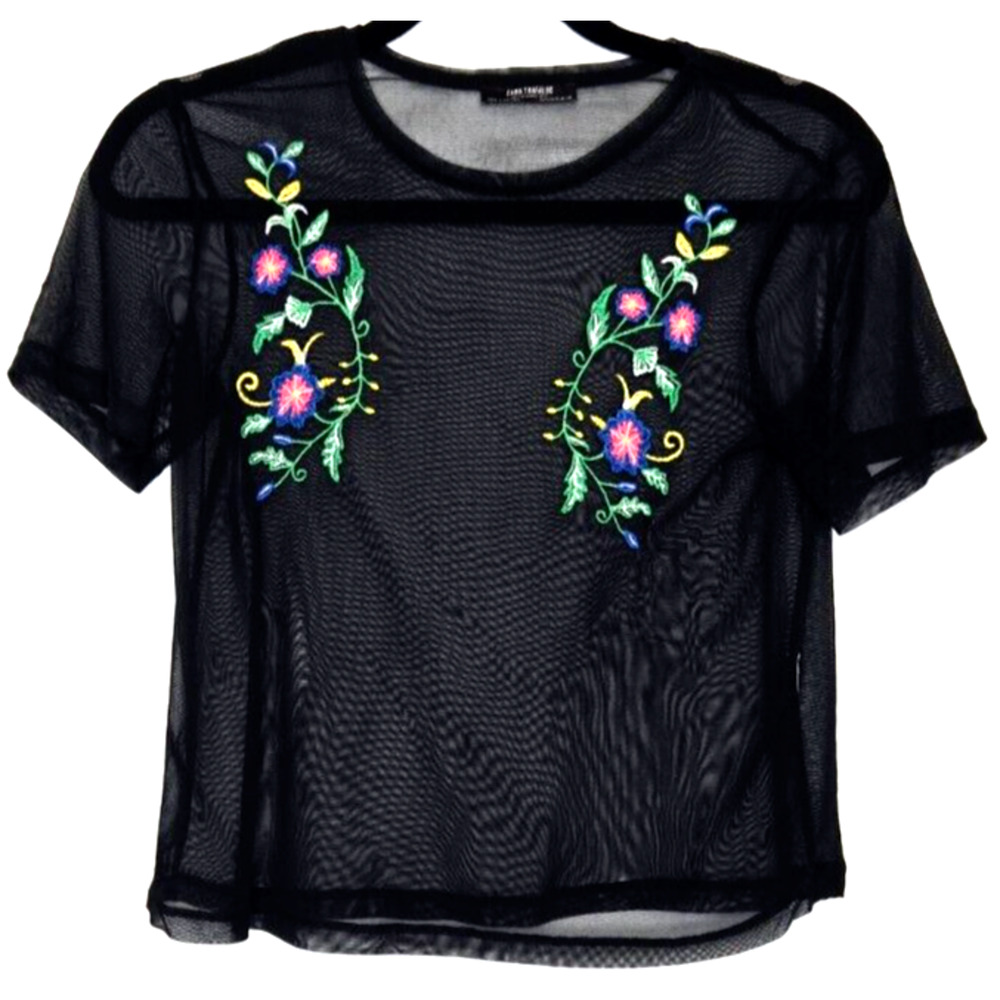 Zara‎ Trafaluc Womens Top Small Black Sheer Mesh Floral Embroidered Short Sleeve